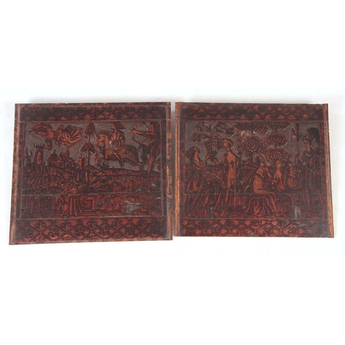 931 - AN INTERESTING PAIR OF 16TH CENTURY ITALIAN CARVED AND INK WORK FRUITWOOD PANELS depicting a castle ... 