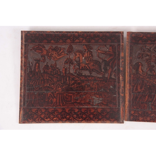 931 - AN INTERESTING PAIR OF 16TH CENTURY ITALIAN CARVED AND INK WORK FRUITWOOD PANELS depicting a castle ... 