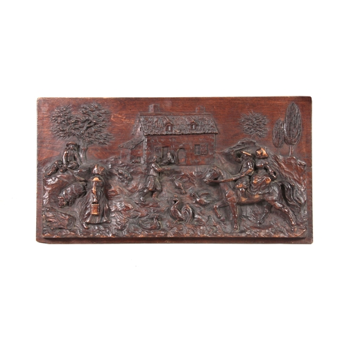 932 - AN 18TH CENTURY CONTINENTAL CARVED OAK PANEL depicting finely carved figures in a village setting an... 