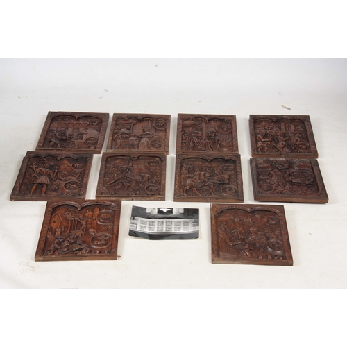 933 - A SET OF TEN 19TH CENTURY GOTHIC REVIVAL CARVED OAK PANELS - probably Flemish each depicting figures... 