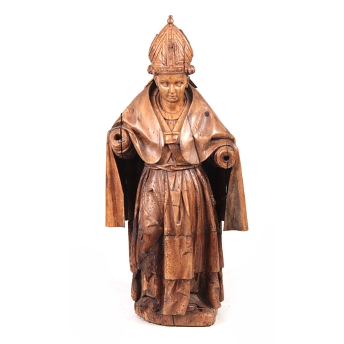 934 - AN EARLY 15TH / 16TH CENTURY CARVED FRUITWOOD FIGURE OF A POPE 113cm high.