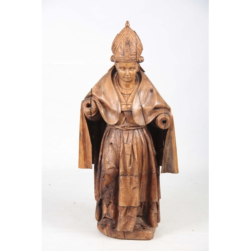 934 - AN EARLY 15TH / 16TH CENTURY CARVED FRUITWOOD FIGURE OF A POPE 113cm high.