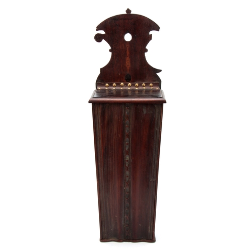 937 - A GEORGE III MAHOGANY AND FRUITWOOD CANDLE BOX with reeded edge moulded tapering front and carved ce... 