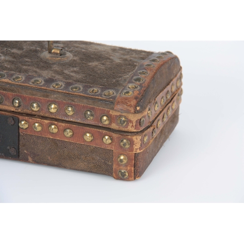 941 - AN 18TH CENTURY LEATHER BOUND HIDE DOME TOP GLOVE BOX with brass stud decoration, swan neck handle a... 