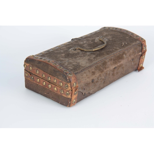 941 - AN 18TH CENTURY LEATHER BOUND HIDE DOME TOP GLOVE BOX with brass stud decoration, swan neck handle a... 