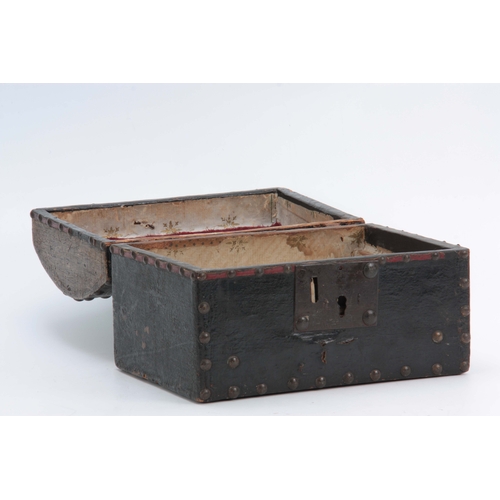 942 - AN EARLY 18TH CENTURY DOME TOPPED LEATHER BOUND AND BRASS STUDDED TRUNK of small proportions initial... 