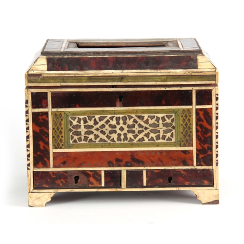 944 - A LATE 17th CENTURY INDO-PORTUGUESE TORTOISESHELL, HORN AND IVORY BANDED CASKET having mirrored back... 