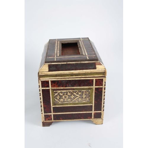 944 - A LATE 17th CENTURY INDO-PORTUGUESE TORTOISESHELL, HORN AND IVORY BANDED CASKET having mirrored back... 