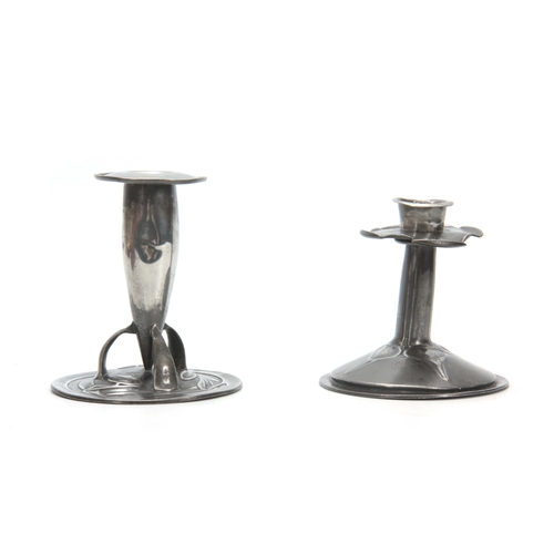 952 - TWO ARTS AND CRAFTS PEWTER CANDLESTICKS the taller bullet-shaped Liberty style candlestick having th... 