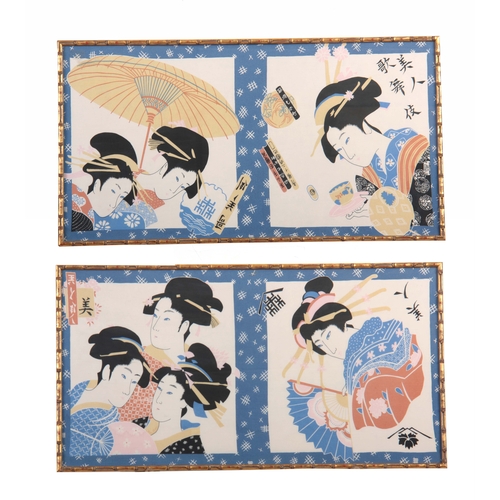 956 - A PAIR OF JAPANESE DESIGN LIBERTY HAND PRINTED SILKS depicting female Geishas 43cm high 83cm wide - ... 