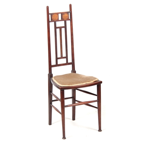 958 - A STYLISH ART NOUVEAU INLAID MAHOGANY SIDE CHAIR with high back inlaid with two floral medallions, u... 