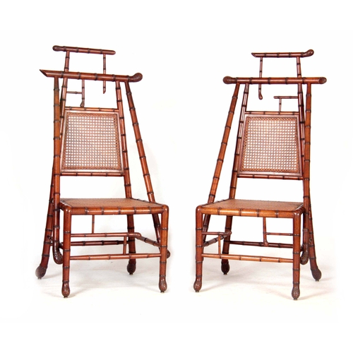 962 - A STYLISH PAIR OF 19TH CENTURY ENGLISH AESTHETIC CHERRYWOOD SIMULATED BAMBOO BERGERE HALL / DINING R... 