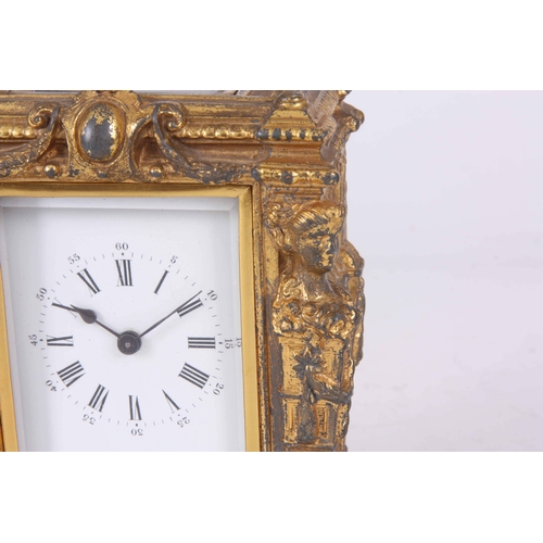 974 - A LATE 19th CENTURY FRENCH GILT CASED CARRIAGE CLOCK with figural columns enclosing a 2.25