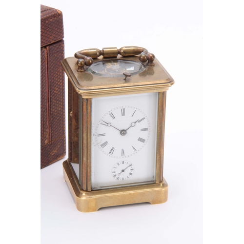 975 - A 19TH CENTURY FRENCH BRASS CARRIAGE CLOCK REPEATER WITH ALARM the corniche case with folding handle... 