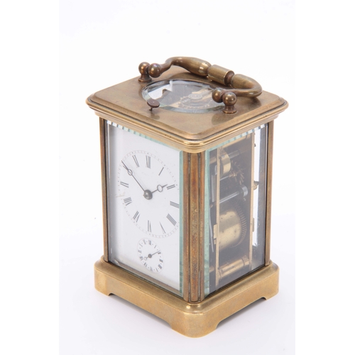 975 - A 19TH CENTURY FRENCH BRASS CARRIAGE CLOCK REPEATER WITH ALARM the corniche case with folding handle... 