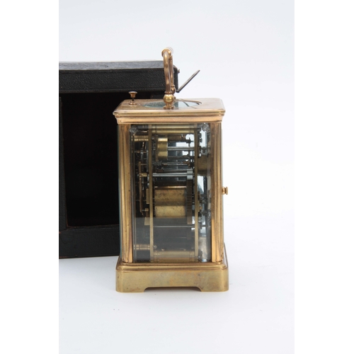 977 - A LATE 19th CENTURY FRENCH GRAND SONNERIE REPEATING CARRIAGE CLOCK the brass corniche case enclosing... 