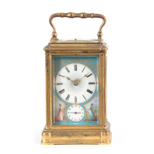 982 - A 19TH CENTURY FRENCH GILT BRASS GORGE CASE REPEATING CARRIAGE CLOCK WITH ALARM the Sevres style por... 