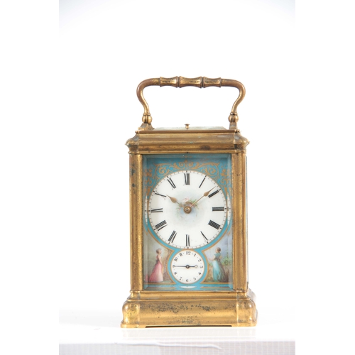 982 - A 19TH CENTURY FRENCH GILT BRASS GORGE CASE REPEATING CARRIAGE CLOCK WITH ALARM the Sevres style por... 