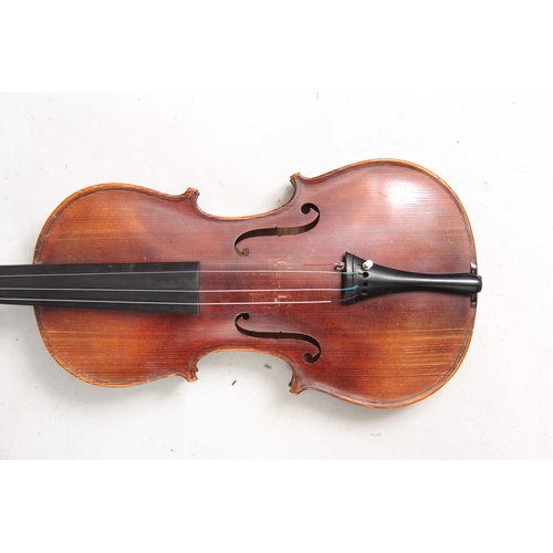 767 - AN ANTIQUE VIOLIN length of back 36cm - sold in a viola case with a bow.