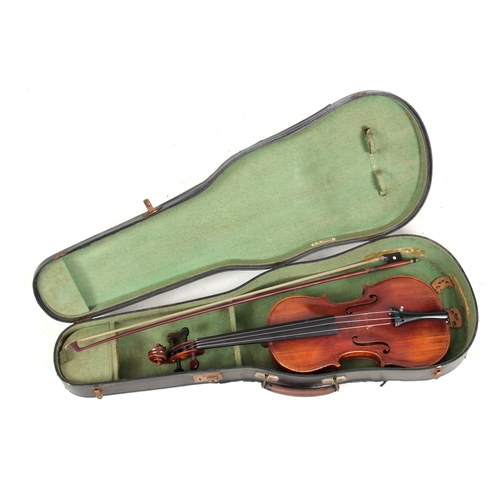 767 - AN ANTIQUE VIOLIN length of back 36cm - sold in a viola case with a bow.