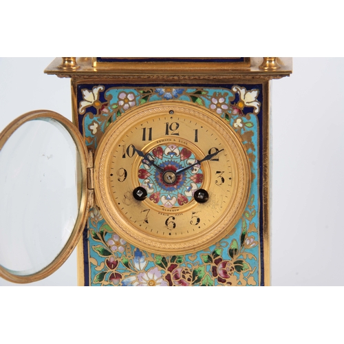 1094 - A LATE 19TH CENTURY FRENCH GILT BRASS AND CHAMPLEVE ENAMEL MANTEL CLOCK with moulded edge stepped ba... 