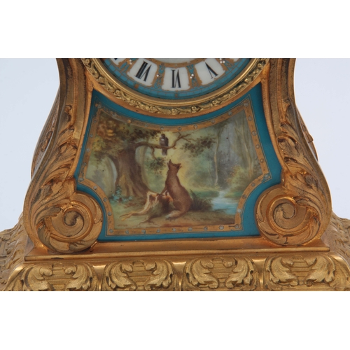 1103 - A LATE 19th CENTURY FRENCH ORMOLU AND SEVRES STYLE PORCELAIN PANELED MANTEL CLOCK having acanthus le... 