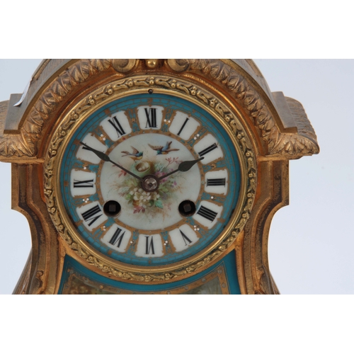 1103 - A LATE 19th CENTURY FRENCH ORMOLU AND SEVRES STYLE PORCELAIN PANELED MANTEL CLOCK having acanthus le... 