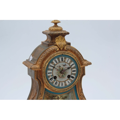 1103 - A LATE 19th CENTURY FRENCH ORMOLU AND SEVRES STYLE PORCELAIN PANELED MANTEL CLOCK having acanthus le... 