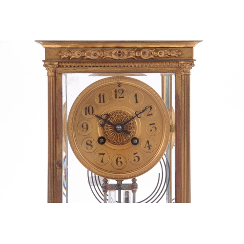 1108 - A LATE 19th CENTURY FRENCH GILT BRASS FOUR-GLASS MANTEL CLOCK the case with applied scroll-work, fol... 