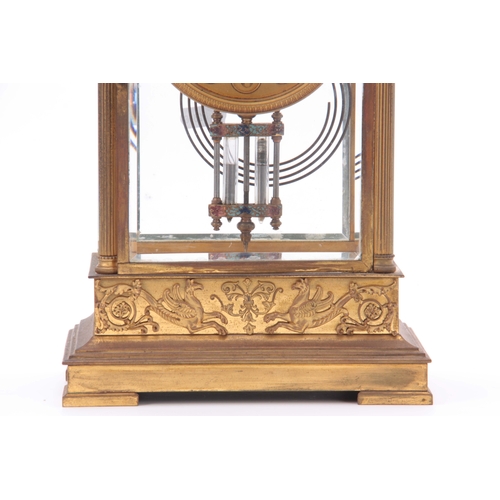 1108 - A LATE 19th CENTURY FRENCH GILT BRASS FOUR-GLASS MANTEL CLOCK the case with applied scroll-work, fol... 