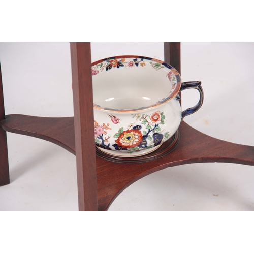 1116 - A GEORGIAN SQUARE MAHOGANY WASHSTAND FITTED WITH AN IRONSTONE WASH SET, decorated with floral transf... 