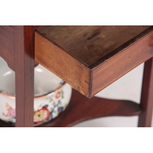 1116 - A GEORGIAN SQUARE MAHOGANY WASHSTAND FITTED WITH AN IRONSTONE WASH SET, decorated with floral transf... 