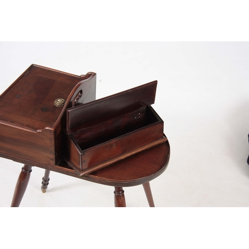 1117 - A 19TH CENTURY MAHOGANY BUTLERS CUTLERY STAND with a hinged compartment to one side, shaped carrying... 