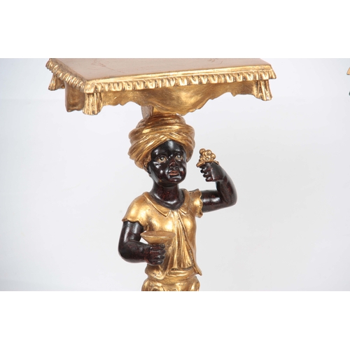 1129 - A PAIR OF 19TH CENTURY STYLE REPRODUCTION GILT GESSO JARDINIERE STANDS with Blackamoor figural stems... 