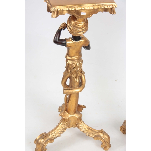 1129 - A PAIR OF 19TH CENTURY STYLE REPRODUCTION GILT GESSO JARDINIERE STANDS with Blackamoor figural stems... 