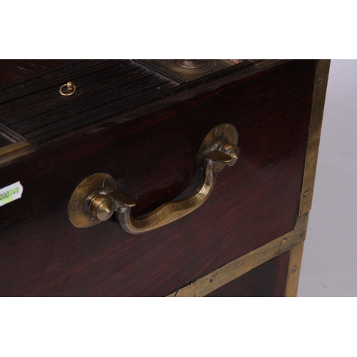 1138 - AN 18TH CENTURY BRASS BOUND ROSEWOOD INDIAN OFFICERS FITTED CAMPAIGN DRESSING CHEST with hinged top ... 