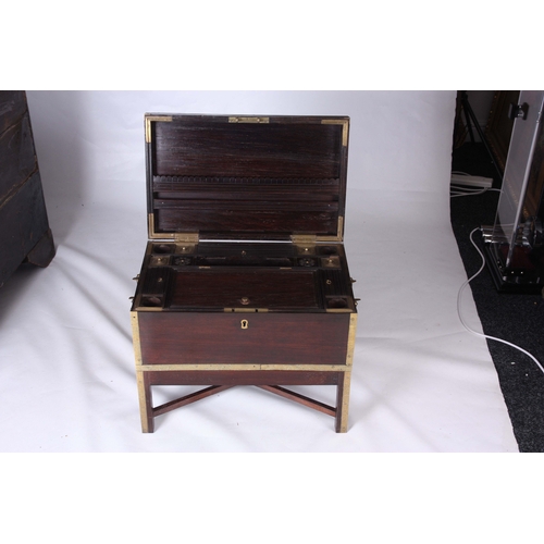 1138 - AN 18TH CENTURY BRASS BOUND ROSEWOOD INDIAN OFFICERS FITTED CAMPAIGN DRESSING CHEST with hinged top ... 