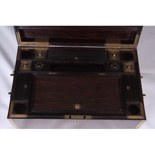 1138 - AN 18TH CENTURY BRASS BOUND ROSEWOOD INDIAN OFFICERS FITTED CAMPAIGN DRESSING CHEST with hinged top ... 