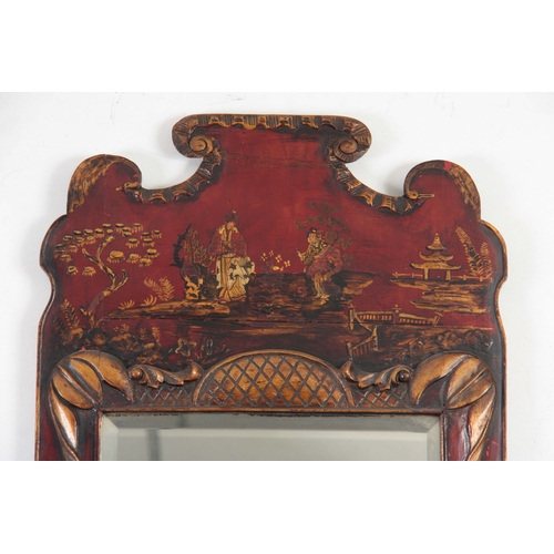 1139 - A 20TH CENTURY CHINOISERIE SCARLET LACQUERED HANGING MIRROR with shaped top depicting figures in a g... 