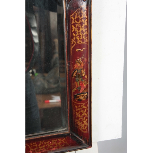 1139 - A 20TH CENTURY CHINOISERIE SCARLET LACQUERED HANGING MIRROR with shaped top depicting figures in a g... 