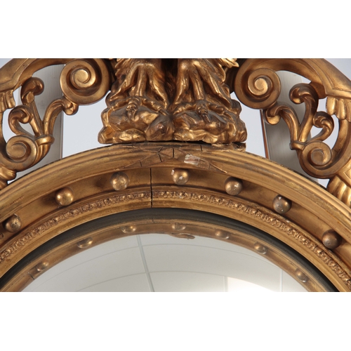 1147 - AN IMPRESSIVE REGENCY CONVEX CARVED GILT GESSO MIRROR OF LARGE SCALE having a 22