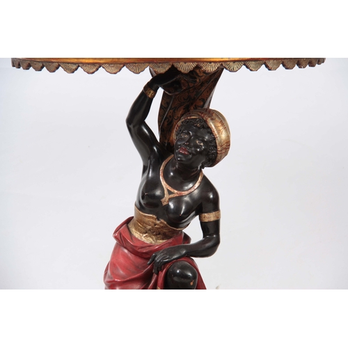 1153 - A LATE 19TH CENTURY BLACKAMOOR DEMI LUNE SIDE TABLE with mirrored top above a figural polychrome pai... 