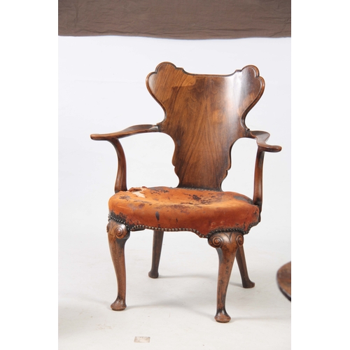 1156 - AN EARLY 20TH CENTURY WALNUT OPEN ARMCHAIR IN THE MANER OF GILLOWS with figured shaped back splat, s... 