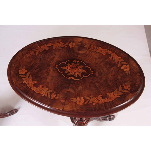 1157 - A NEAR PAIR OF VICTORIAN MARQUETRY INLAID BURR WALNUT OCCASIONAL TABLES the oval tops decorated with... 