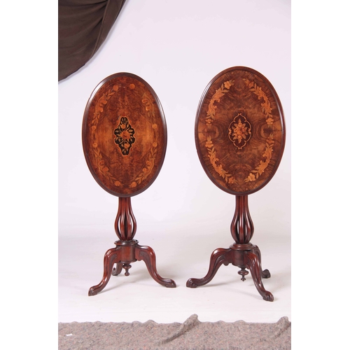 1157 - A NEAR PAIR OF VICTORIAN MARQUETRY INLAID BURR WALNUT OCCASIONAL TABLES the oval tops decorated with... 