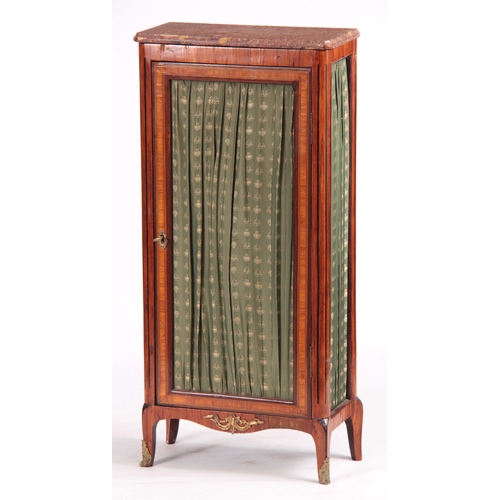 1164 - AN EARLY 19TH CENTURY LOUIS XI STYLE INLAID KINGWOOD SMALL SIDE CABINET with marble top and hinged d... 