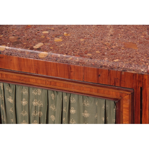 1164 - AN EARLY 19TH CENTURY LOUIS XI STYLE INLAID KINGWOOD SMALL SIDE CABINET with marble top and hinged d... 