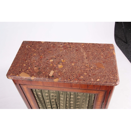 1164 - AN EARLY 19TH CENTURY LOUIS XI STYLE INLAID KINGWOOD SMALL SIDE CABINET with marble top and hinged d... 