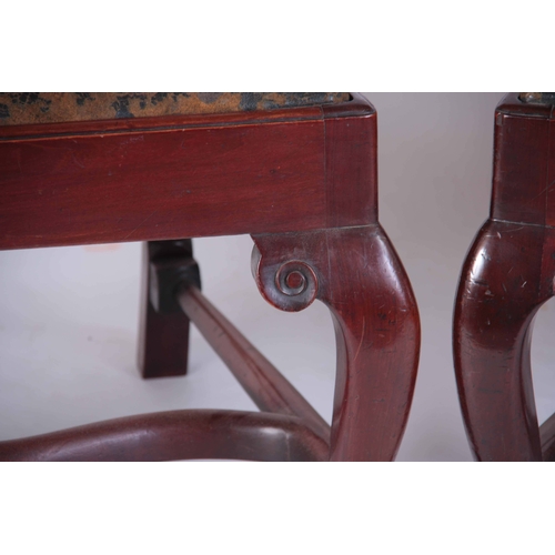 1166 - A LARGE PAIR OF GEORGE I STYLE WALNUT ARMCHAIRS with scroll carved open pierced back splats, open cr... 