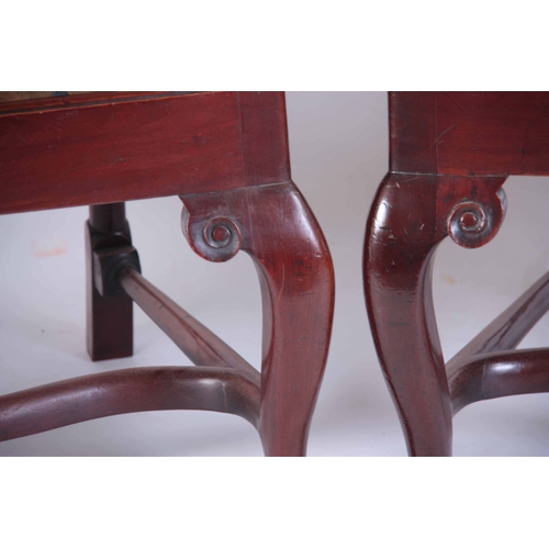 1166 - A LARGE PAIR OF GEORGE I STYLE WALNUT ARMCHAIRS with scroll carved open pierced back splats, open cr... 